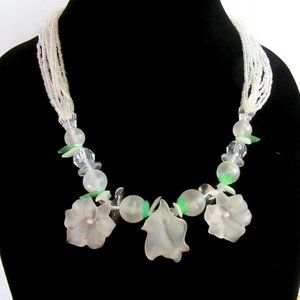 Clear frosted lucite multi strand seed beaded 28" necklace - opaque lei flowers